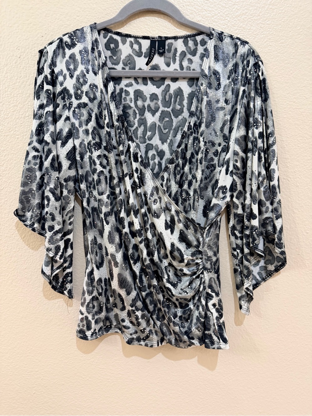 Chiasso Women's L Wrap Top Animal Print Metallic Silver Shimmery Blouse USA Made